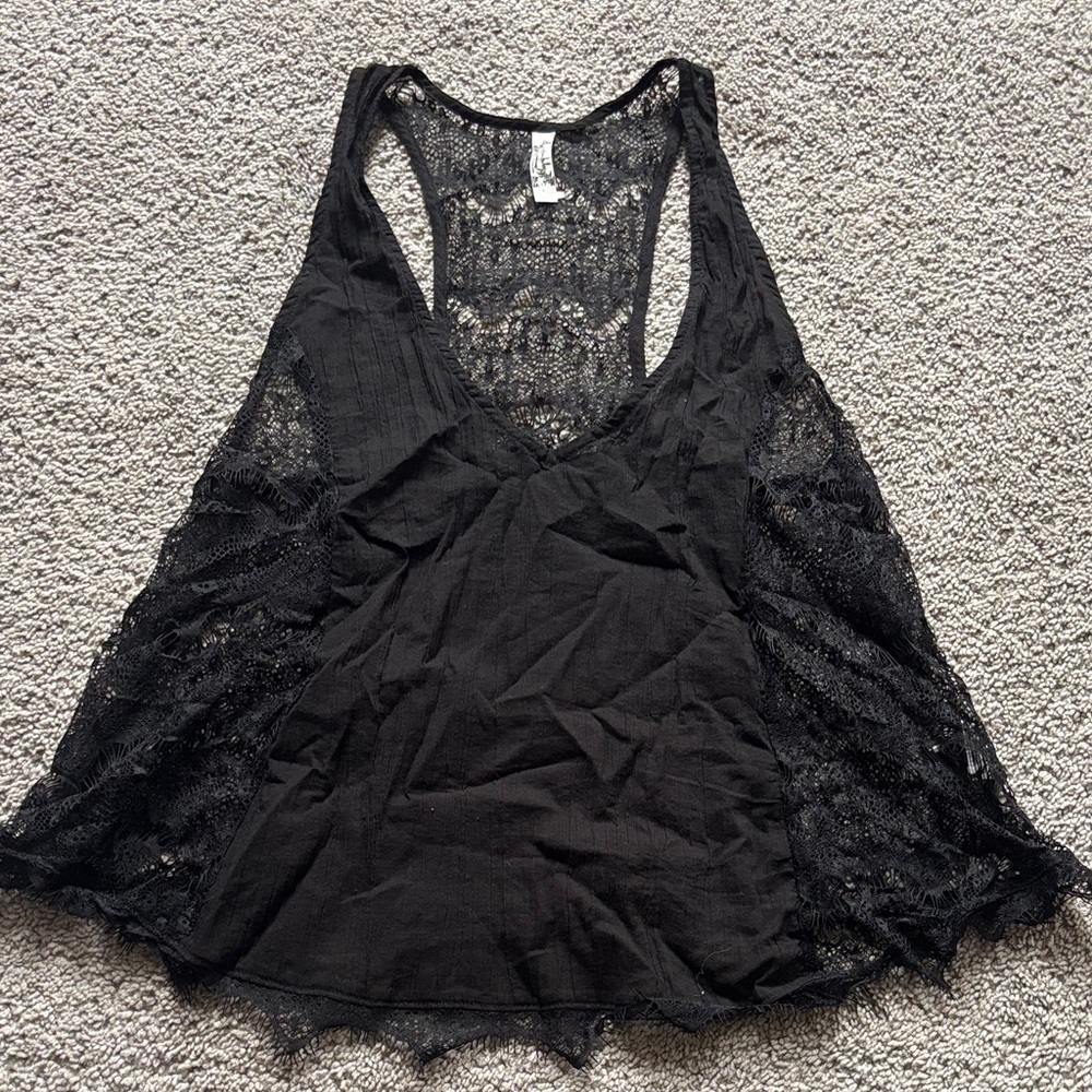 Free People Intimately Black Eyelash Lace Tank, S, NWOT